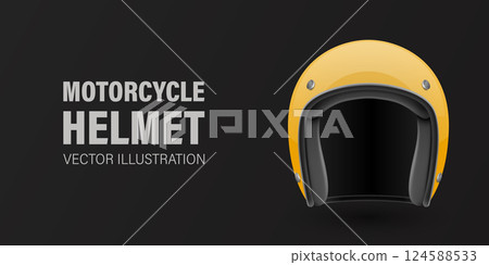Vector 3D Realistic Yellow Classic Vintage Open-Face Motorbike Helmet. Glossy Motorcycle Helmet Design Template for Mockup. Front View. Motorcycle Helmet Icon, Closeup, Isolated Vector 3D Realistic Yellow Classic Vintage Open-Face Motorbike Helmet. Glossy Motorcycle Helmet Design Template for Mockup. Front View. Motorcycle Helmet Icon, Closeup, Isolated 124588533