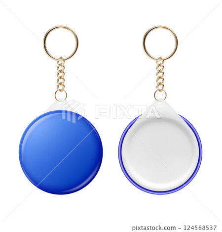 Vector 3d Realistic Round Keychain, Design Template for Printing, Mockup. Round Blank Keychain Design Element for Promo, Souvenir, Prints or Logos. ID Badge Vector Illustration, Front, Back Side View 124588537