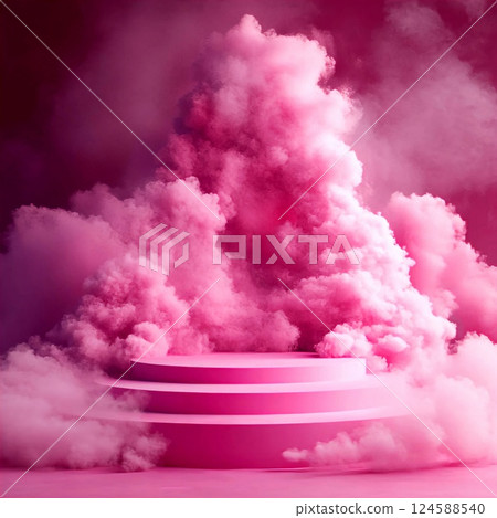 Pink podium with smoke effect. Abstract 3D composition. Generative AI 124588540
