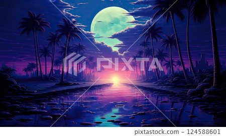 Neon Nocturne Retro 1980s 1990s 3D Computer Graphics Render Landscape - Night with Palm Trees, Infused with Cyberpunk, Synthwave, Vaporwave Aesthetics.. created with Generative AI 124588601