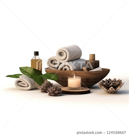 Creating a relaxing spa ambiance, white orchids, rolled towels, and burning candles in a wooden bowl combine with other accessories for a tranquil and inviting atmosphere Creating a relaxing spa ambiance, white orchids, rolled towels, and burning candles in a wooden bowl combine with other accessories for a tranquil and inviting atmosphere 124588687