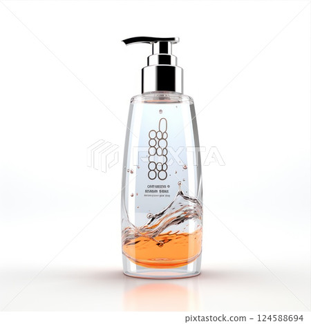 Studio shot featuring a transparent plastic bottle, partially filled with viscous liquid against a minimalist white background 124588694