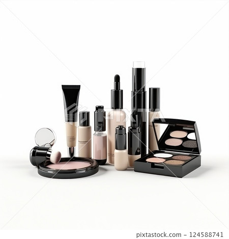 Elegant three tiered makeup organizer showcasing a wide range of beauty products, from lipsticks and foundations to perfumes and skincare essentials, in a rotating display 124588741