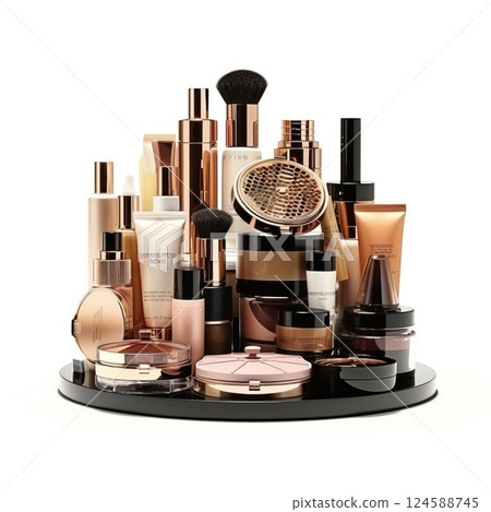 Various makeup and beauty products are displayed on a rotating cosmetic tray, showcasing a range of colors and textures for diverse beauty needs 124588745