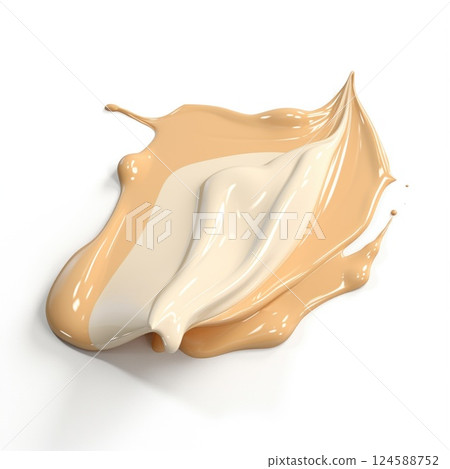 Liquid foundation makeup in two shades blending together against a pristine white backdrop, showcasing its unique texture and seamless blend Liquid foundation makeup in two shades blending together against a pristine white backdrop, showcasing its unique texture and seamless blend 124588752