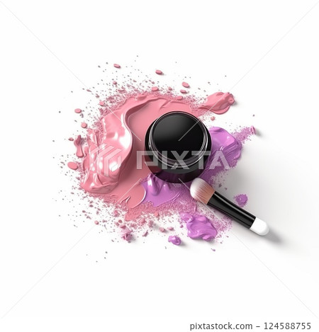 Colorful makeup powder spilled from a jar with brush on white background ideal for beauty and cosmetic ads 124588755