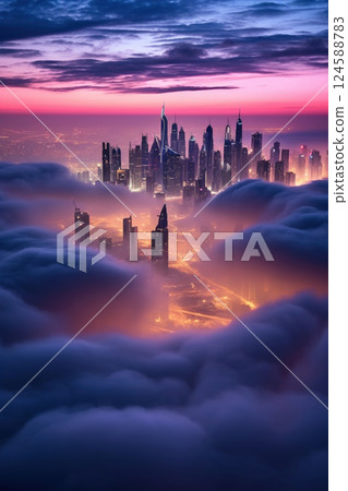 City skyscrapers and highways emerge from dense fog at night, creating a futuristic and enigmatic cityscape illuminated by glowing lights and striking shadows 124588783