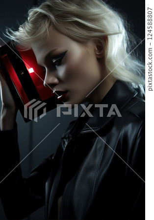 Portrait of a chic blonde woman posing with a red glowing cube, clad in a black leather jacket and dark makeup, exuding an enigmatic and trendy vibe Portrait of a chic blonde woman posing with a red glowing cube, clad in a black leather jacket and dark makeup, exuding an enigmatic and trendy vibe 124588807