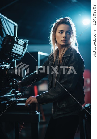 Young female videographer prepares a professional digital cinema camera for filming a movie scene in a studio, emphasizing lighting and composition for the best outcome 124588808