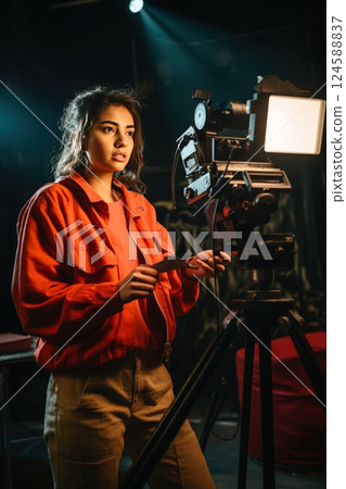 Dedicated videographer multitasking on a film set, fine tuning professional video camera settings, and coordinating lighting for an upcoming recording session 124588837