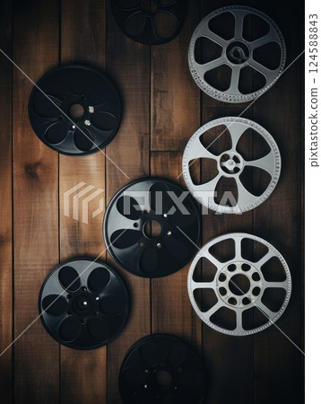 Vintage film reels displayed on a weathered wooden surface, evoking a sense of nostalgia and connection to the world of cinema and filmmaking Vintage film reels displayed on a weathered wooden surface, evoking a sense of nostalgia and connection to the world of cinema and filmmaking 124588843