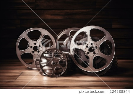 Vintage film reels displayed on a weathered wooden surface, evoking a sense of nostalgia and connection to the world of cinema and filmmaking 124588844