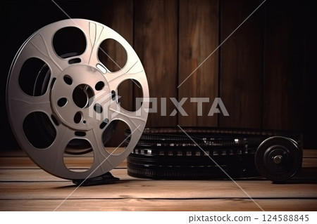 Vintage film reels displayed on a weathered wooden surface, evoking a sense of nostalgia and connection to the world of cinema and filmmaking 124588845