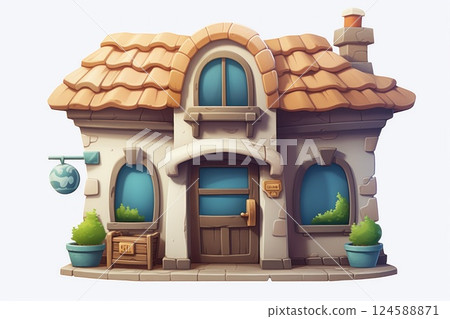 Charming cartoon pet store with a whimsical terracotta tile roof, paw print sign, potted plants, and wooden crate evokes a delightful ambiance Charming cartoon pet store with a whimsical terracotta tile roof, paw print sign, potted plants, and wooden crate evokes a delightful ambiance 124588871