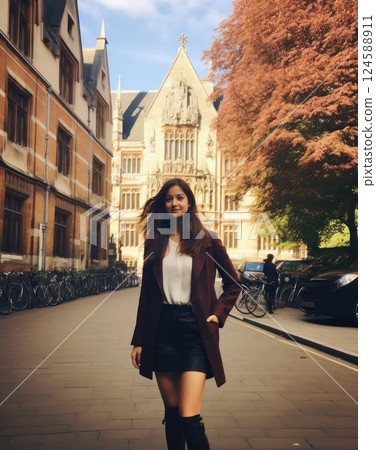 An Elegant Young Woman Surrounded by the Iconic Architecture of Prestigious University. Student of higher education institution An Elegant Young Woman Surrounded by the Iconic Architecture of Prestigious University. Student of higher education institution 124588911