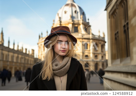 An Elegant Young Woman Surrounded by the Iconic Architecture of Prestigious University. Student of higher education institution 124588912