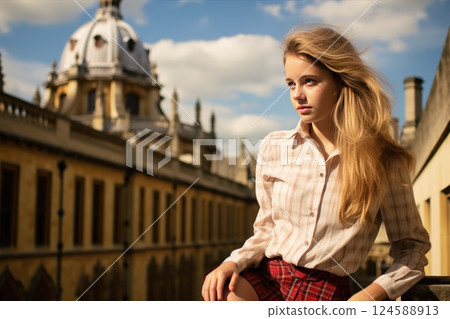 A young woman strolls through a lively city street with stunning historic architecture 124588913
