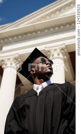Exciting Graduation Celebration Taking Place Outside a Beautiful Historic Building. A black student graduates from university 124588928