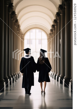 Two recent graduates in academic gowns stroll together down a column lined hallway, celebrating their accomplishments and eagerly anticipating their future 124588929