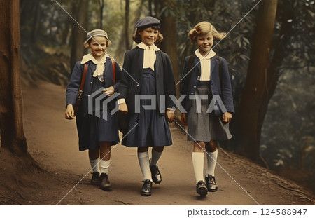 Three schoolgirls in classic uniforms stroll home together through a forested path, enjoying each other's company after a day at school 124588947