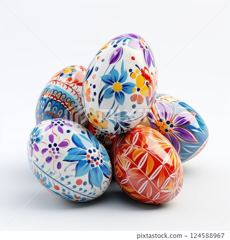 Festive and cheerful scene, a colorful assortment of easter eggs with vibrant patterns and designs arranged on a clean white background 124588967