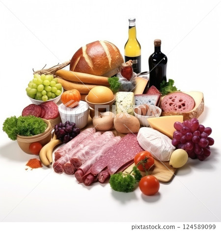 Tempting display of fresh produce, featuring grapes, tomatoes, and bananas, is complemented by a loaf of bread, a variety of cheeses, deli meats, and beverages 124589099