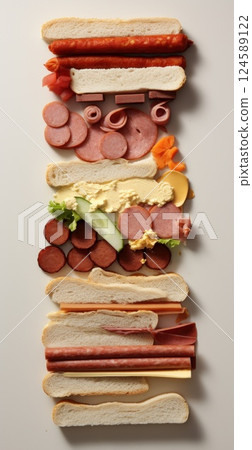 Carefully arranged sandwich fixings, featuring bread, sausages, bologna, salami, cheese, lettuce, cucumber, mustard, and mayonnaise 124589122
