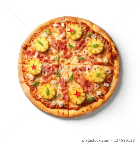 Delicious pizza served on wooden plate isolated on white 124589138