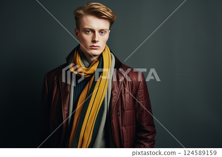 Fashionable man in urban setting, hands in pockets, sporting a long striped scarf and layered burgundy and green outerwear 124589159