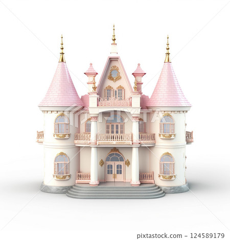 Gorgeous pink castle embellished with glimmering gold decorations and majestic towers, setting the stage for enchanting fairytale settings and charming children's activities 124589179