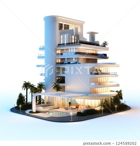 Stylish contemporary high-rise hotel featuring a pool surrounded by lush palms trees. Miniature resort building isolated on white background Stylish contemporary high-rise hotel featuring a pool surrounded by lush palms trees. Miniature resort building isolated on white background 124589202