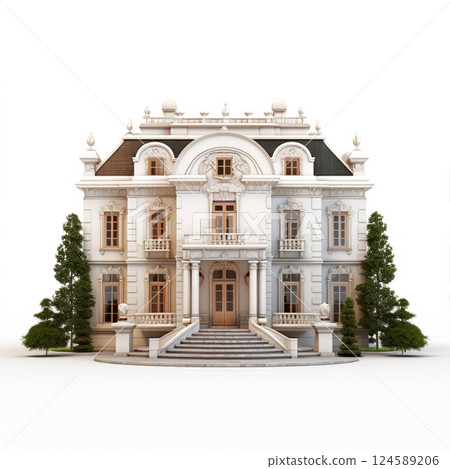 Majestic white palace featuring intricate architectural details, grand staircases, and balconies, surrounded by trees against a clear sky, exuding elegance and grandeur 124589206