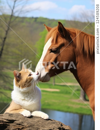 In a sunny rural setting, a ginger and white cat and a brown horse share a touching moment, gently touching noses against a backdrop of a tranquil lake 124589208