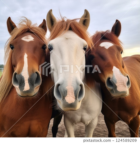 Three Majestic Horses Gracefully Posing Together in a Beautiful Natural Landscape 124589209