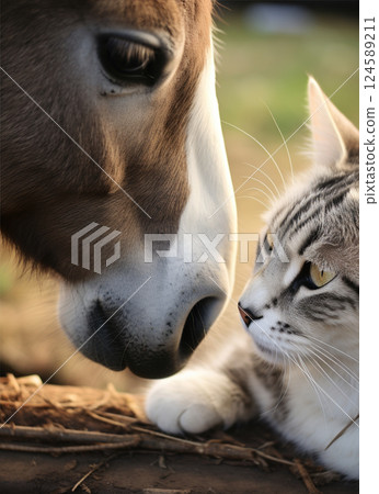A Heartwarming and Intimate Moment Between a Horse and a Cat in a Charming Setting showcasing their bond of friendship 124589211