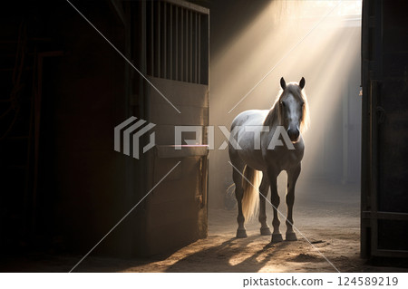 A horse with a thick brown mane stands in the stable doorway 124589219