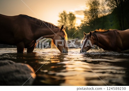 A group of stunningly beautiful horses gracefully drinking refreshing water by the river 124589230