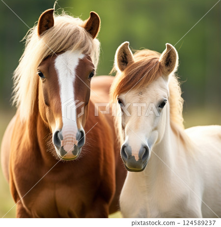 Liver and fawn horses standing together, working animals 124589237