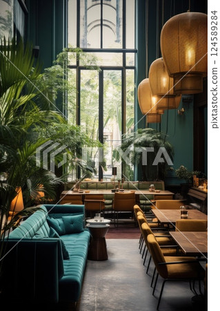 Sunlight filtering through arched windows illuminates an opulent indoor garden eatery, creating a warm, inviting atmosphere over elegant tables and a cozy emerald couch 124589284