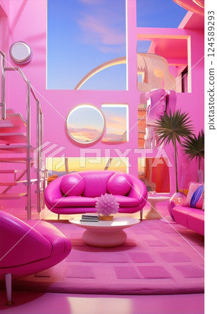 A Vibrant Pink Living Room Featuring Modern Decor and Stylish, Sophisticated Accents 124589293