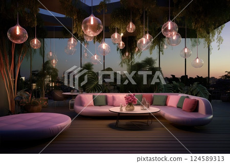 Pendant lights illuminate hanging ferns, creating a serene atmosphere in a luxurious hotel lobby with pink sofas, hardwood floors, and large windows offering views of a tropical landscape at dusk 124589313
