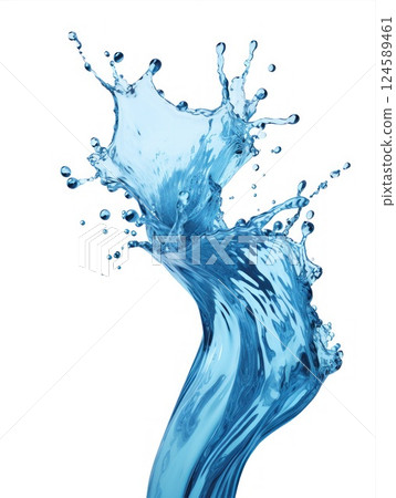 Water splash isolated on white background. Blue liquid. Frozen movement. . Purity concept 124589461