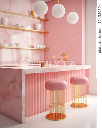 Elegant pink and gold bar stools enhance a modern kitchen with marble countertop and luxurious golden details, creating a sophisticated atmosphere 124589504