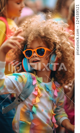 Child with curly blonde hair, tie dye shirt, headphones, and sunglasses dancing and having fun at a lively outdoor summer music festival 124589521
