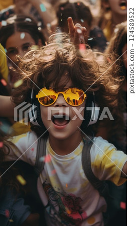 Child with curly hair and sunglasses dancing and having fun at a lively outdoor summer music festival 124589522