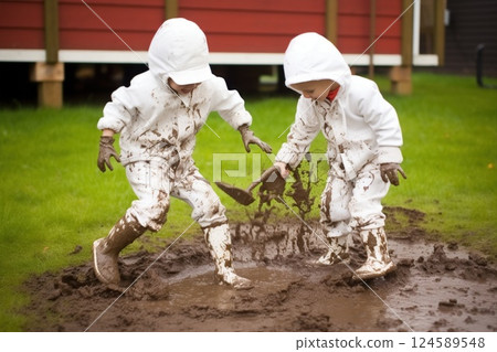 A group of children is playing joyfully in a muddy puddle outside. Dirty clothes 124589548