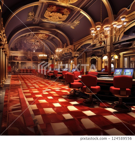An Elegant Casino Interior featuring Slot Machines, Beautiful Plush Seating, and More 124589556
