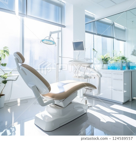 A modern dental clinic features a bright and inviting room showcasing a cozy treatment chair designed for comfort 124589557