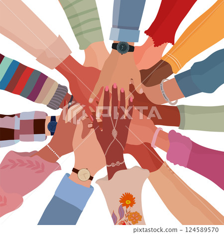 Isolated group hands on top of each other of multicultural people. Community teamwork cooperation concept.Diverse culture. Equality diversity inclusion. Agreement between colleagues Isolated group hands on top of each other of multicultural people. Community teamwork cooperation concept.Diverse culture. Equality diversity inclusion. Agreement between colleagues 124589570