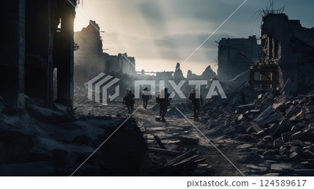 Brave Soldiers Navigating Through a Vast and Desolate WarTorn Landscape of Conflict. Post-apocalypse. Movie scene or game setting Brave Soldiers Navigating Through a Vast and Desolate WarTorn Landscape of Conflict. Post-apocalypse. Movie scene or game setting 124589617